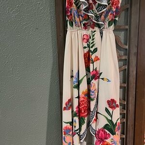 Pink Lily Cream Maxi Dress with Pink, Red & Green Floral Print